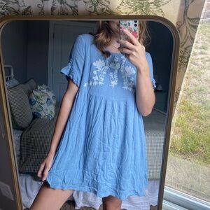 Blue Dress with White Floral Embroidery